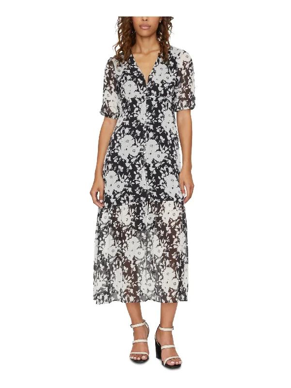 Take Advantage SANCTUARY Womens Black Tie Floral Short Sleeve V Neck Midi A-Line Dress Take Advantage SANCTUARY Womens Black Tie Floral Short Sleeve V Neck Midi A-Line Dress