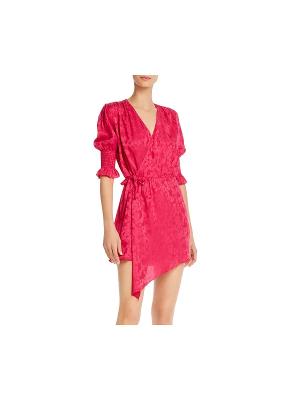 Online Only ART DEALER Womens Pink Elbow Sleeve Surplice Neckline Short Wear To Work Wrap Dress Online Only ART DEALER Womens Pink Elbow Sleeve Surplice Neckline Short Wear To Work Wrap Dress