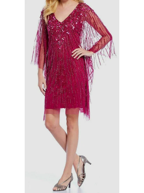 Limited Availability ADRIANNA PAPELL Womens Pink Zippered Sparkled Sleeveless V Neck Above The Knee Evening Dress Limited Availability ADRIANNA PAPELL Womens Pink Zippered Sparkled Sleeveless V Neck Above The Knee Evening Dress