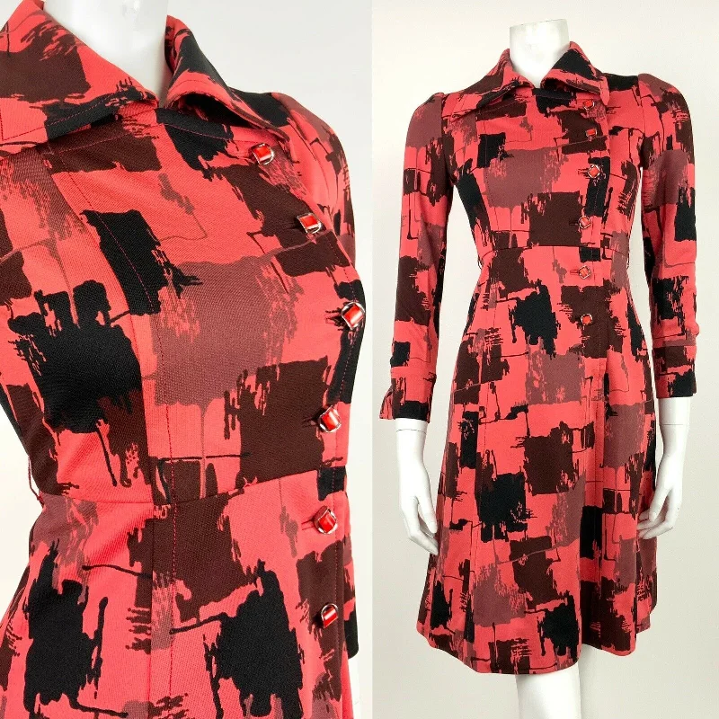 Epic Deals VINTAGE 60s 70s RED BLACK BROWN ABSTRACT SQUARE WING COLLAR ASYMMETRIC DRESS 8 Epic Deals VINTAGE 60s 70s RED BLACK BROWN ABSTRACT SQUARE WING COLLAR ASYMMETRIC DRESS 8