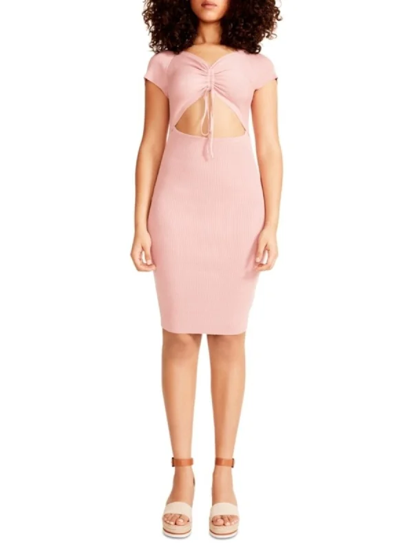 Referral Discount MADDEN GIRL Womens Pink Ribbed Ruched Tie Front-cutout Cap Sleeve V Neck Knee Length Party Body Con Dress Referral Discount MADDEN GIRL Womens Pink Ribbed Ruched Tie Front-cutout Cap Sleeve V Neck Knee Length Party Body Con Dress