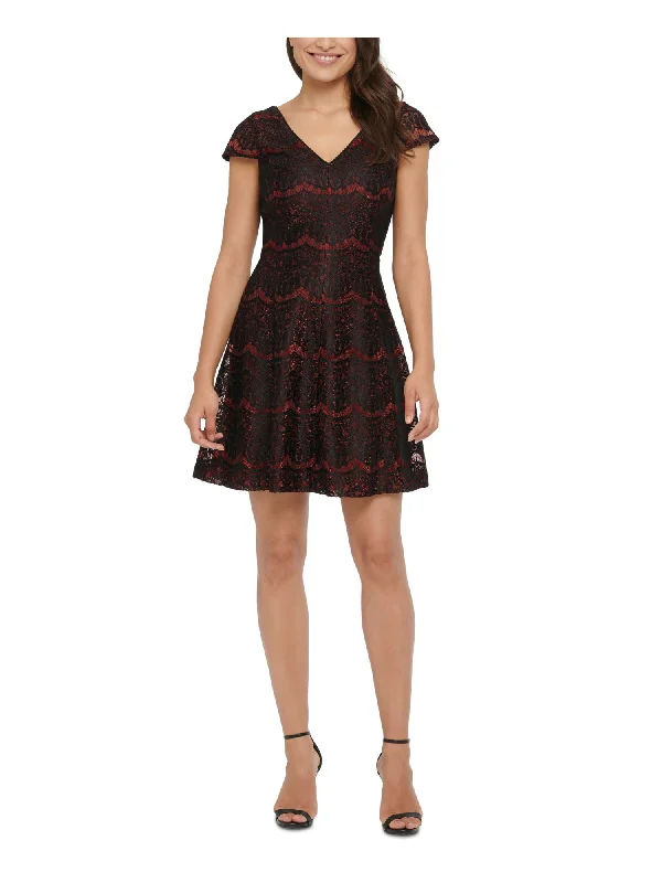 Overstock KENSIE Womens Embroidered Floral Cap Sleeve V Neck Short Party Fit + Flare Dress