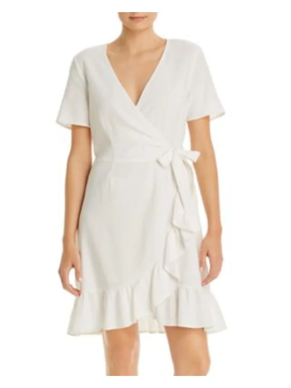 Buy More, Save More VERO MODA Womens White Woven Ruffled Side Tie Closure Short Sleeve Surplice Neckline Mini Faux Wrap Dress