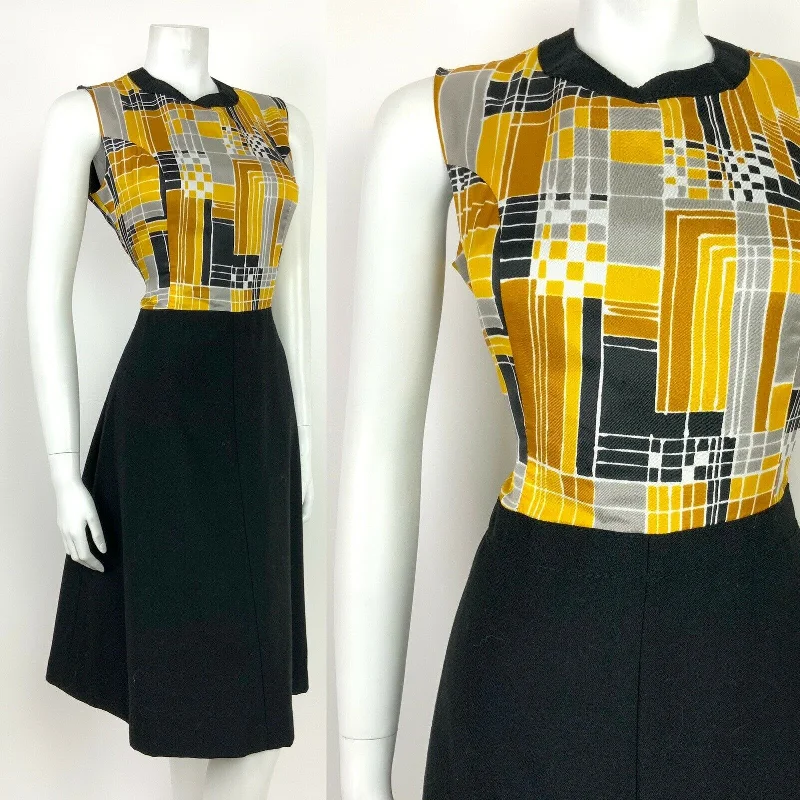 Bonus Savings VTG 60s 70s MOD BLACK SILVER GOLD YELLOW GEOMETRIC SLEEVELESS DRESS 12 14 Bonus Savings VTG 60s 70s MOD BLACK SILVER GOLD YELLOW GEOMETRIC SLEEVELESS DRESS 12 14