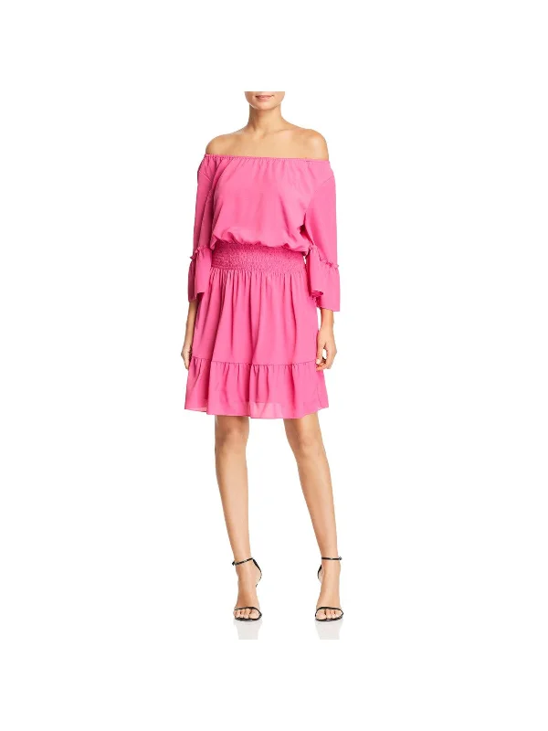 Today Only LE GALI Womens Pink Stretch Ruffled Shirred Waist Bell Sleeve Off Shoulder Short Evening Sheath Dress Today Only LE GALI Womens Pink Stretch Ruffled Shirred Waist Bell Sleeve Off Shoulder Short Evening Sheath Dress