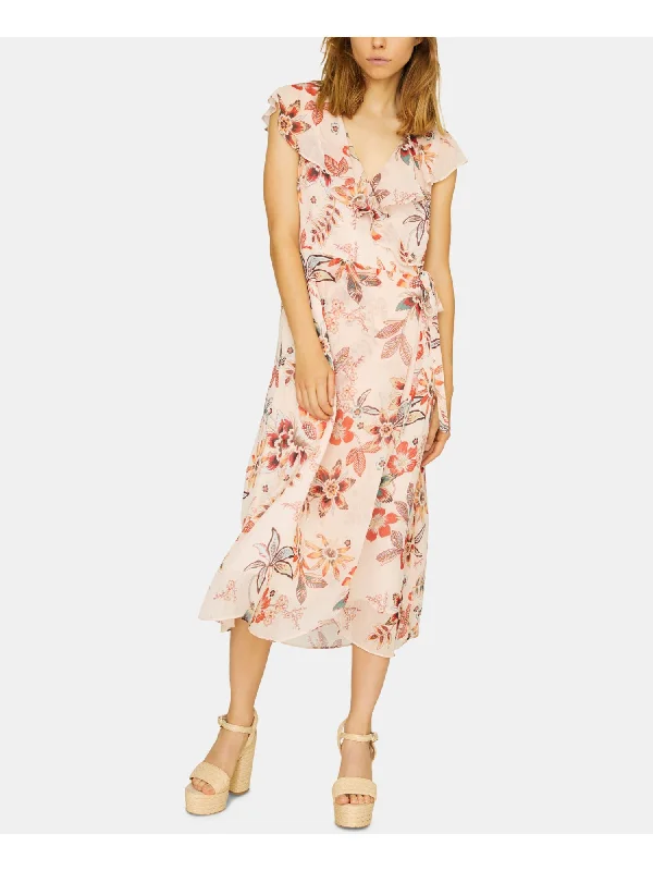 Buy Now SANCTUARY Womens Pink Floral Sleeveless V Neck Tea-Length Fit + Flare Dress