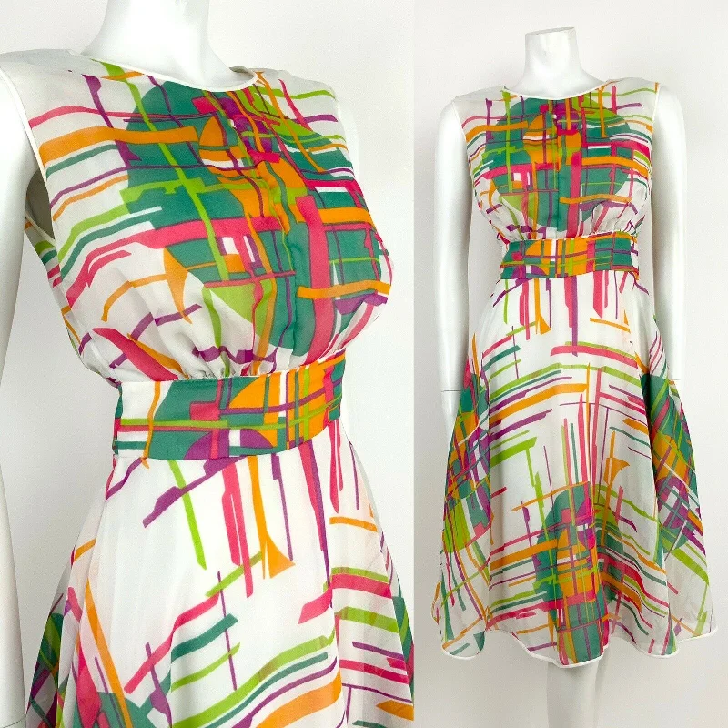 Price Meltdown VINTAGE 60s 70s WHITE GREEN PINK ORANGE GEOMETRIC ABSTRACT BLOUSON DRESS 10