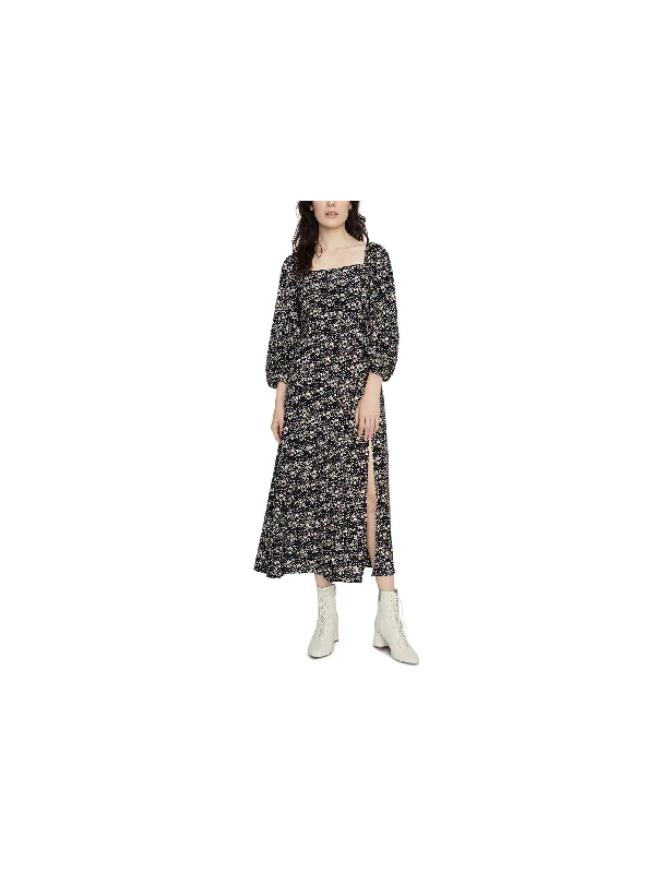 Customer Appreciation Sale SANCTUARY Womens Black Slitted Smocked Back Floral 3/4 Sleeve Square Neck Maxi Shift Dress Customer Appreciation Sale SANCTUARY Womens Black Slitted Smocked Back Floral 3/4 Sleeve Square Neck Maxi Shift Dress