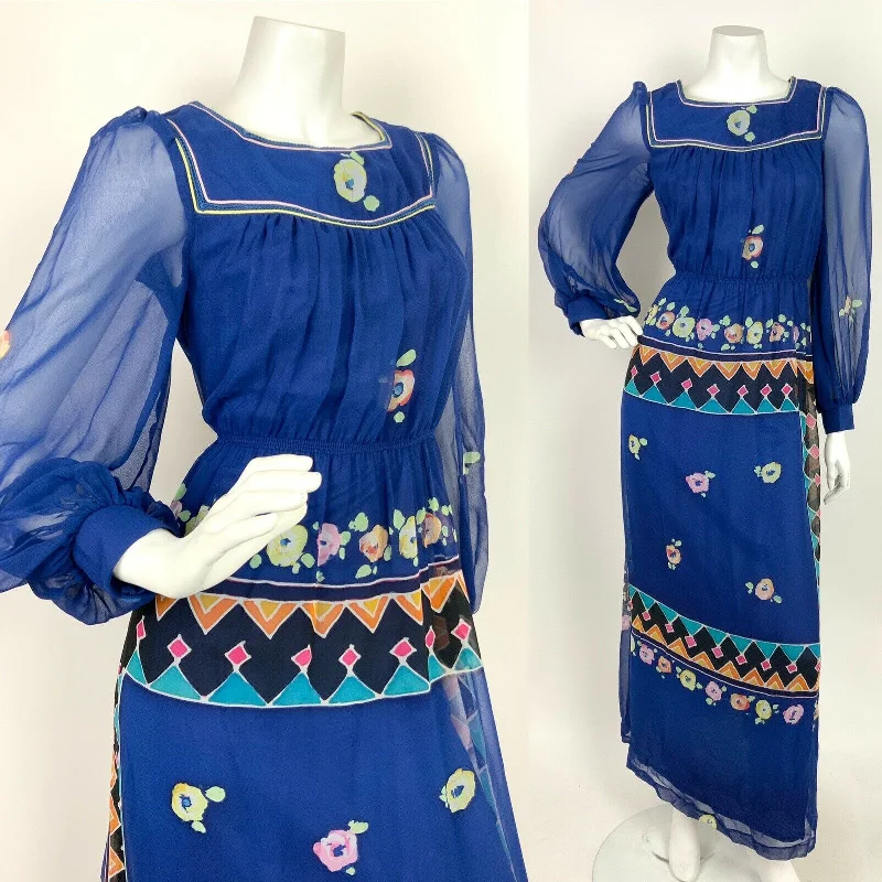 Value Deals VTG 60s 70s BLUE PINK ORANGE BLACK FLORAL GEOMETRIC BATIK SHEER MAXI DRESS 8 10