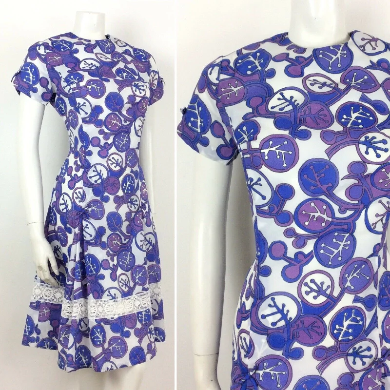 Markdown Madness AMAZING VINTAGE 60s 70s ABSTRACT FLORAL DRESS PURPLE BLUE WHITE 10 12