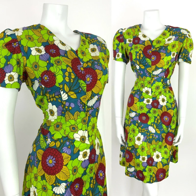 Special Price VINTAGE 60s A-LINE TEA DRESS FLORAL DITSY GREEN BLUE RED PURPLE 12 14
