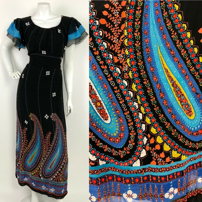 Online Only VINTAGE 60s 70s BLACK BLUE RED WHITE FLORAL PAISLEY GYPSY FOLK MAXI DRESS 12 14