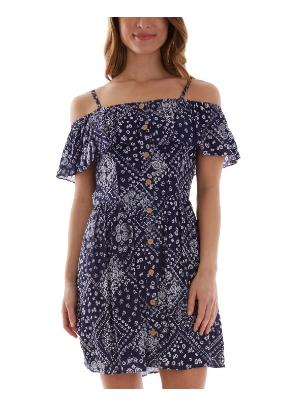 YEAR-End Clearance BCX DRESS Womens Blue Tie Ruffled Top Button Front Printed Flutter Sleeve Collarless Above The Knee Party Fit + Flare Dress YEAR-End Clearance BCX DRESS Womens Blue Tie Ruffled Top Button Front Printed Flutter Sleeve Collarless Above The Knee Party Fit + Flare Dress