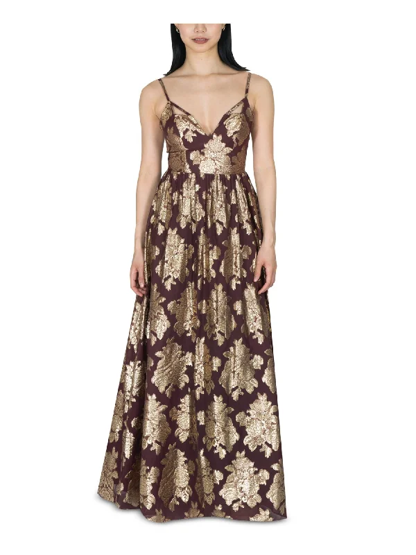 Limited Time DEAR MOON Womens Burgundy Chiffon Cut Out Pleated Floral Spaghetti Strap V Neck Full-Length Prom Fit + Flare Dress Limited Time DEAR MOON Womens Burgundy Chiffon Cut Out Pleated Floral Spaghetti Strap V Neck Full-Length Prom Fit + Flare Dress