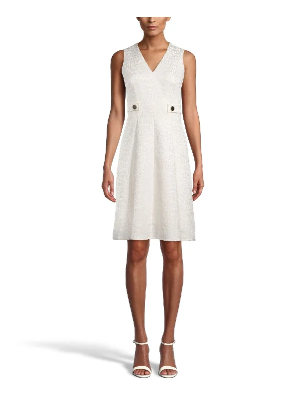 The Best Prices ANNE KLEIN Womens Ivory Zippered Textured Tab Detail Waist Sleeveless V Neck Above The Knee Wear To Work Fit + Flare Dress The Best Prices ANNE KLEIN Womens Ivory Zippered Textured Tab Detail Waist Sleeveless V Neck Above The Knee Wear To Work Fit + Flare Dress
