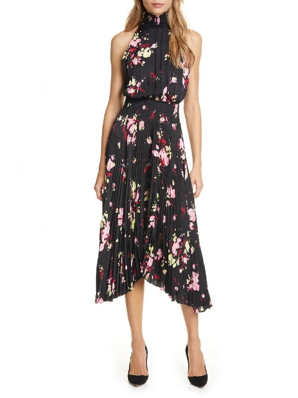 Shop and Save A.L.C Womens Black Stretch Pleated Smocked Floral Sleeveless Mock Neck Midi Evening Fit + Flare Dress Shop and Save A.L.C Womens Black Stretch Pleated Smocked Floral Sleeveless Mock Neck Midi Evening Fit + Flare Dress